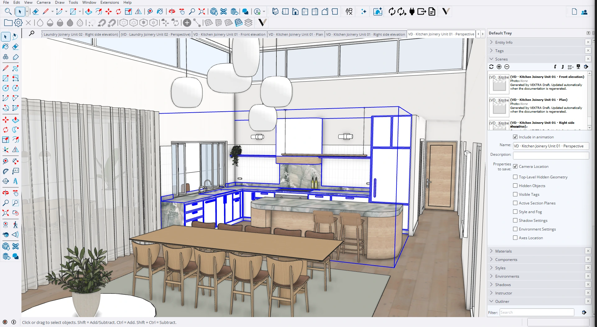 Kitchen joinery selected in blue within the working SketchUp house model
