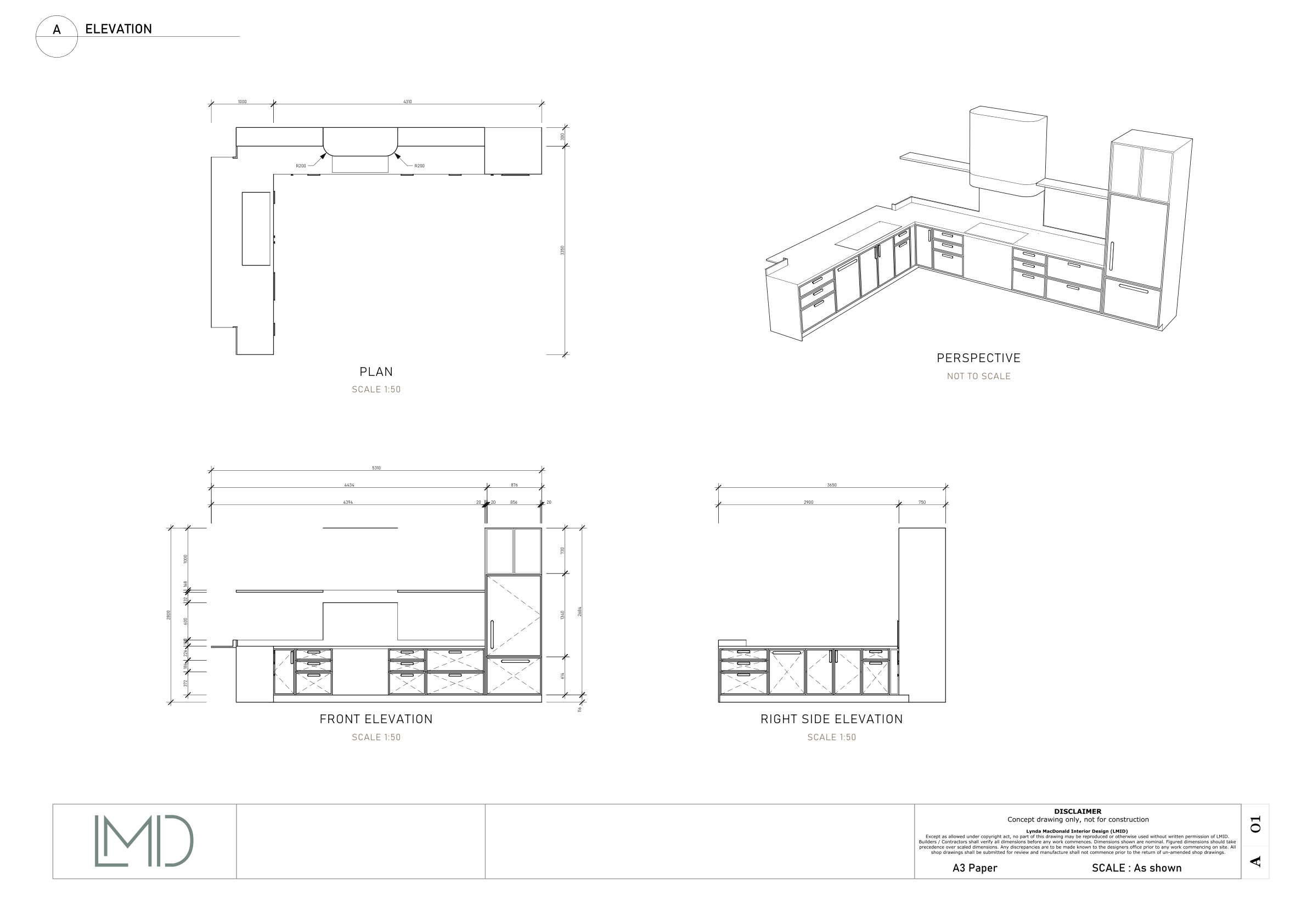 Kitchen joinery sheet with dimensioned plan, front and right side elevations, and perspective