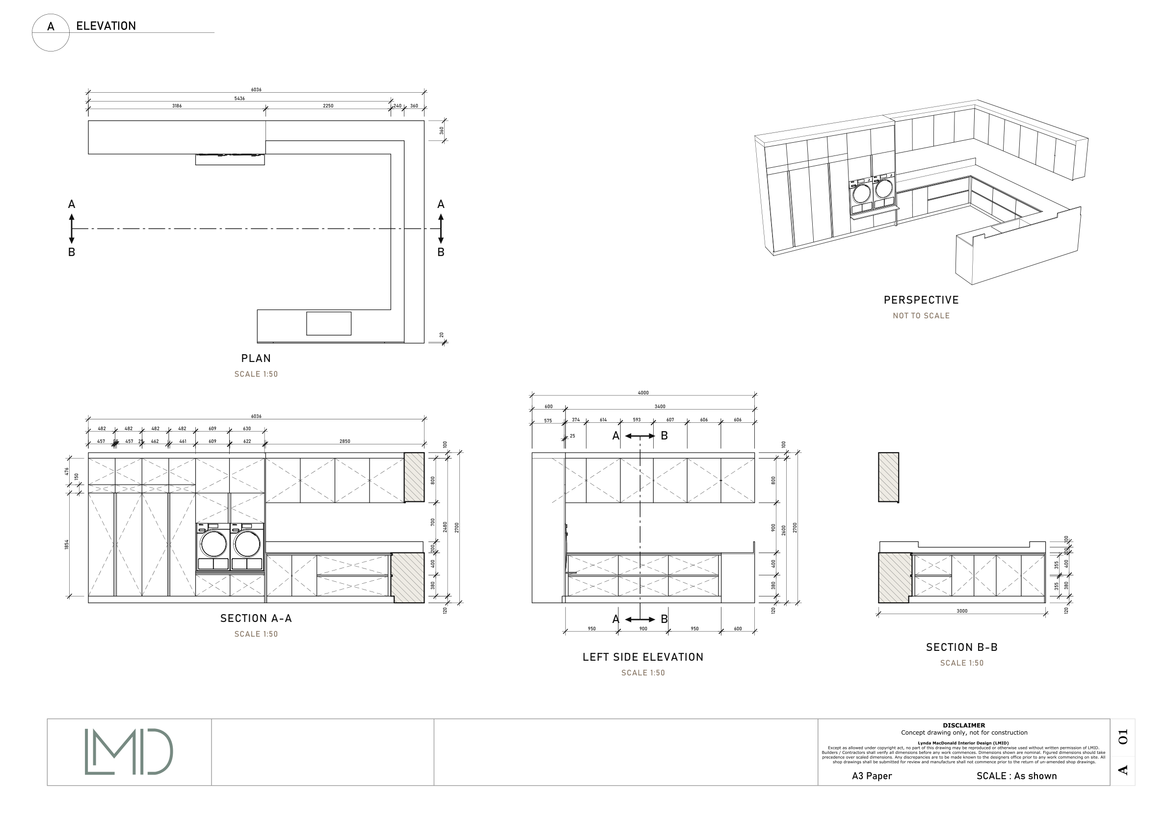 Laundry joinery project sheet with plan, sections, elevation and perspective