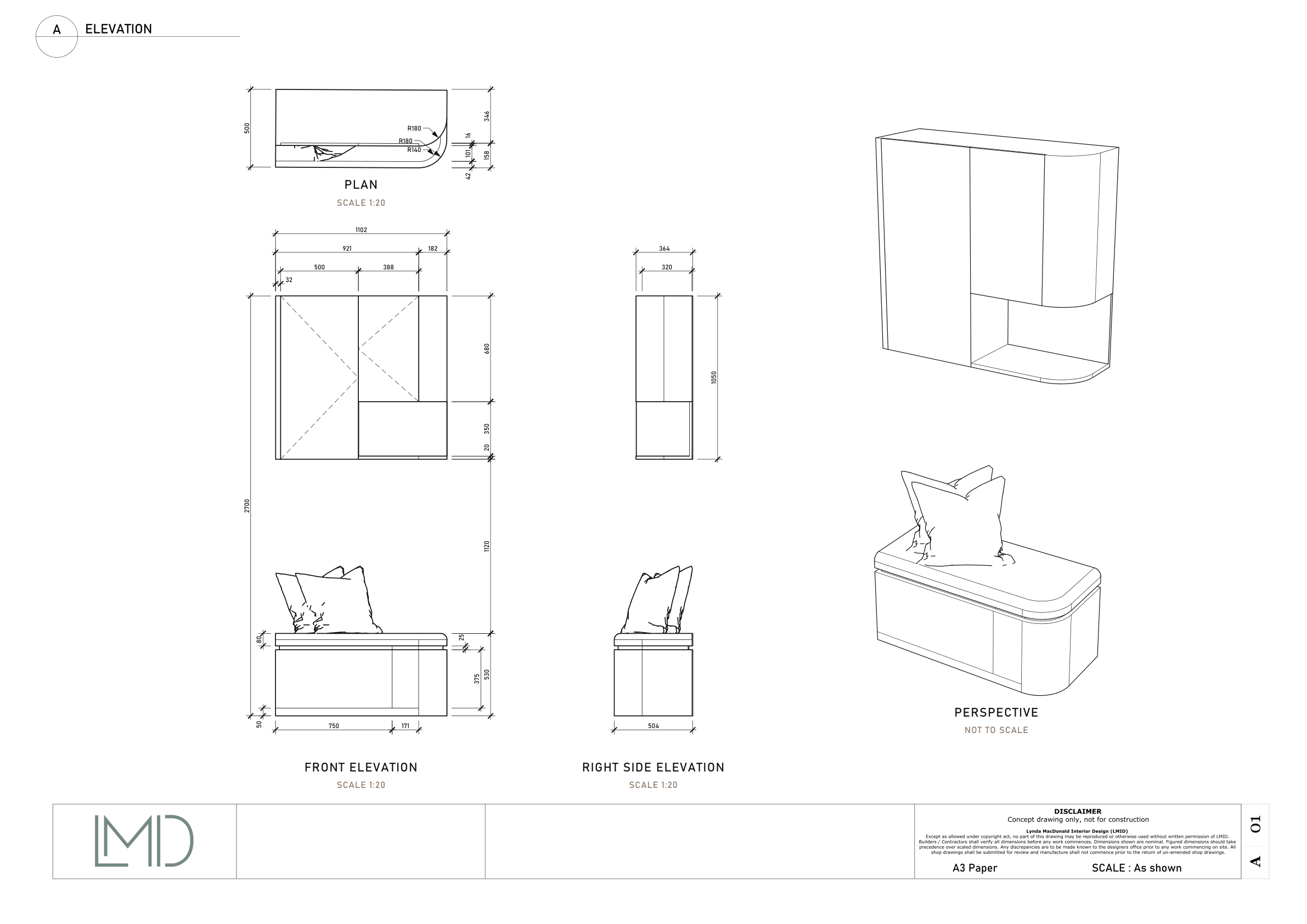 Mud room bench seat with curved cabinetry, dimensioned plan and elevations, and two perspective views